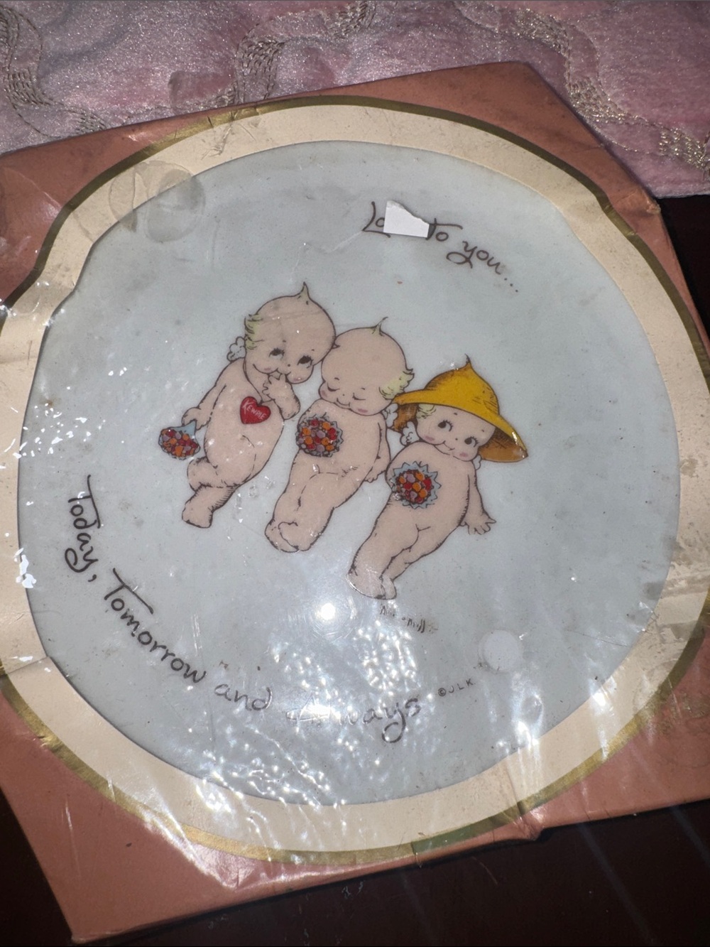 1973 Vintage Kewpie Plate Wall Art - Pink and Cream